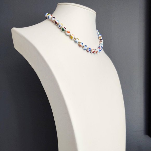 White glass beaded necklace w/multi color designs - Picture 4 of 15